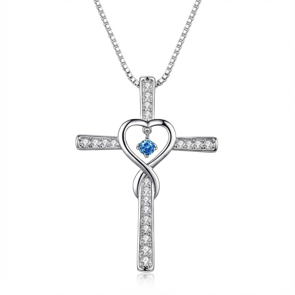 Collar cristiano  de Cruz con Corazón Infinito y Piedra de Nacimiento