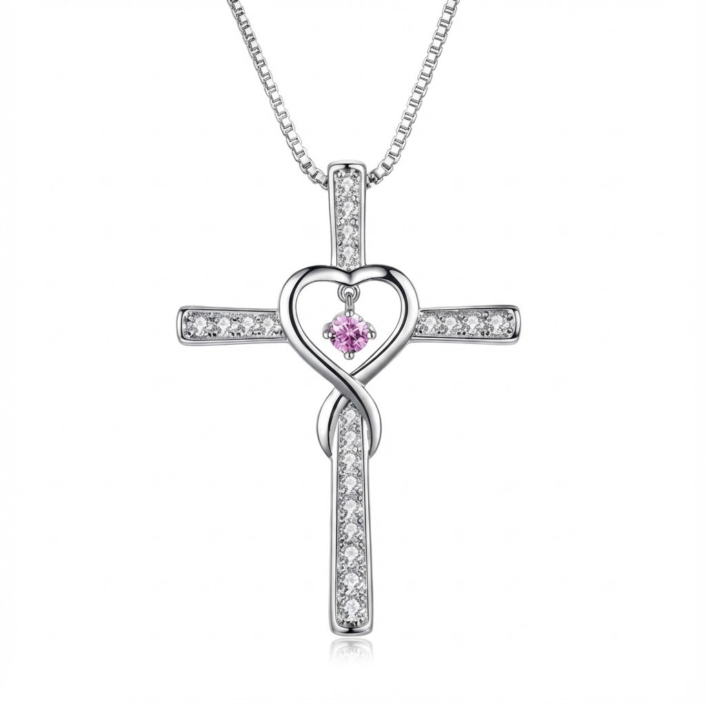 Collar cristiano  de Cruz con Corazón Infinito y Piedra de Nacimiento