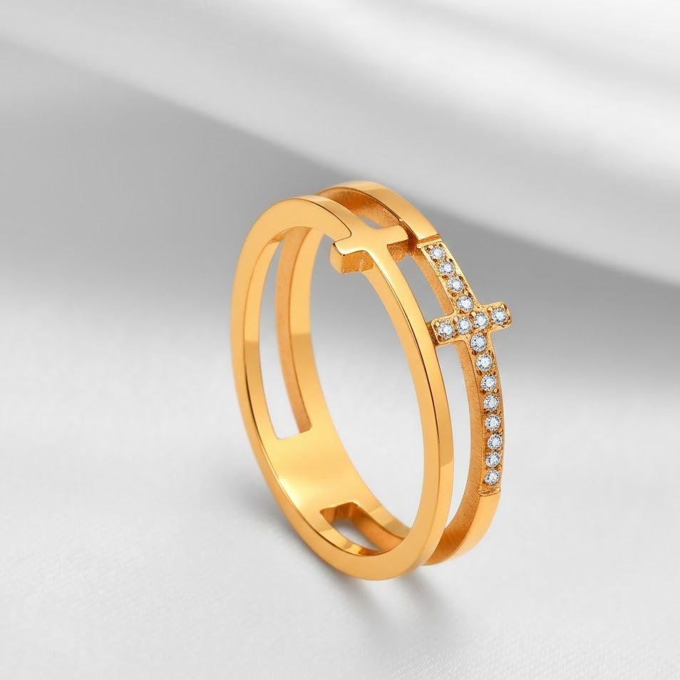 Anillo de Doble Cruz con Circonitas Acero Inoxidable para Mujer
