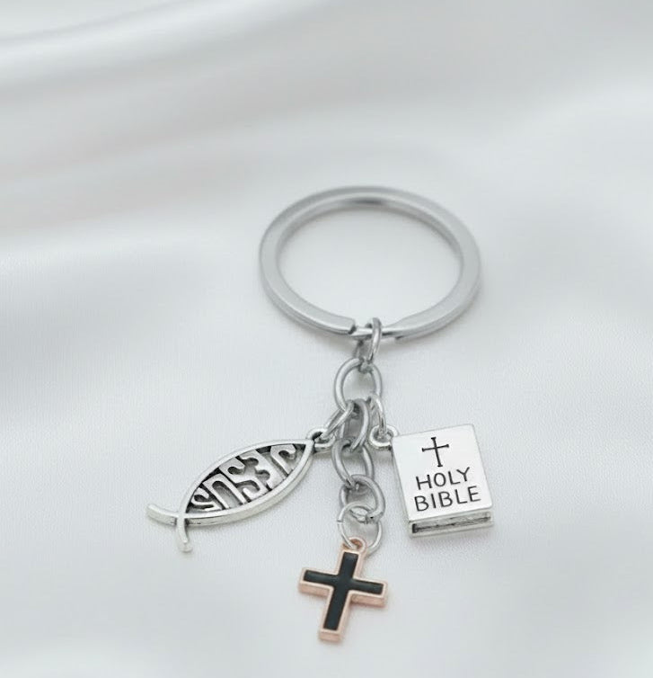Llavero Pez Ichthys Biblia y Cruz de Metal
