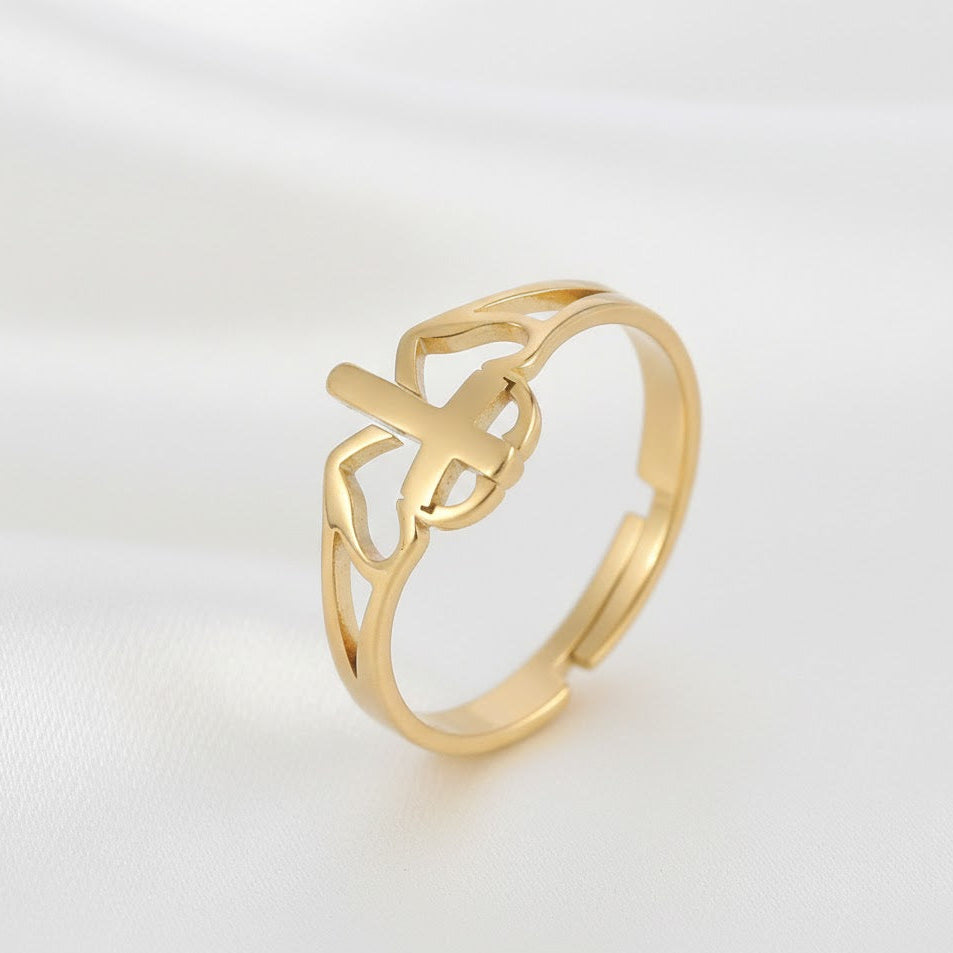 Anillo de Cruz y Corazón en Acero Inoxidable