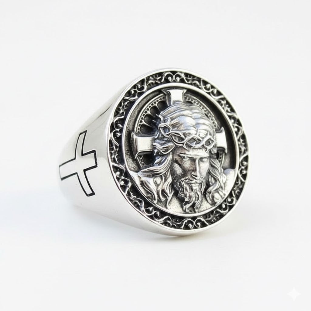 Anillo Cristiano Rostro de Jesús y Cruz