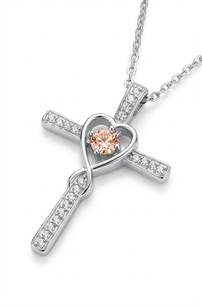 Collar cristiano  de Cruz con Corazón Infinito y Piedra de Nacimiento