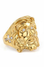 Anillo cristiano Rostro de Jesús con Cristales y Cruces Baño de Oro