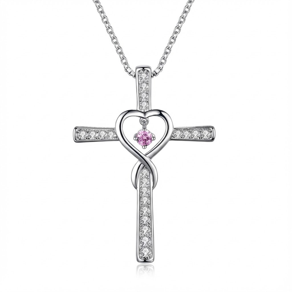 Collar cristiano  de Cruz con Corazón Infinito y Piedra de Nacimiento