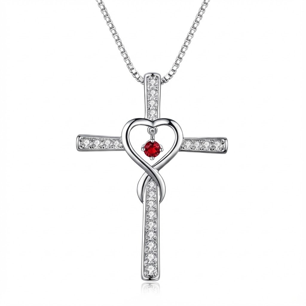 Collar cristiano  de Cruz con Corazón Infinito y Piedra de Nacimiento