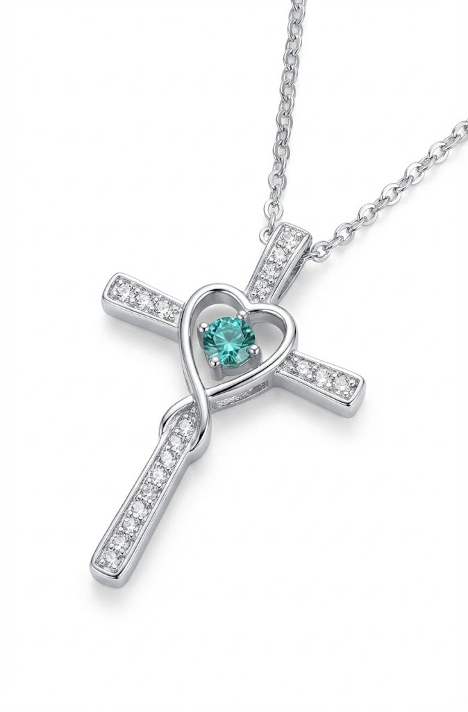 Collar cristiano  de Cruz con Corazón Infinito y Piedra de Nacimiento