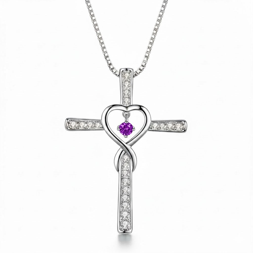Collar cristiano  de Cruz con Corazón Infinito y Piedra de Nacimiento