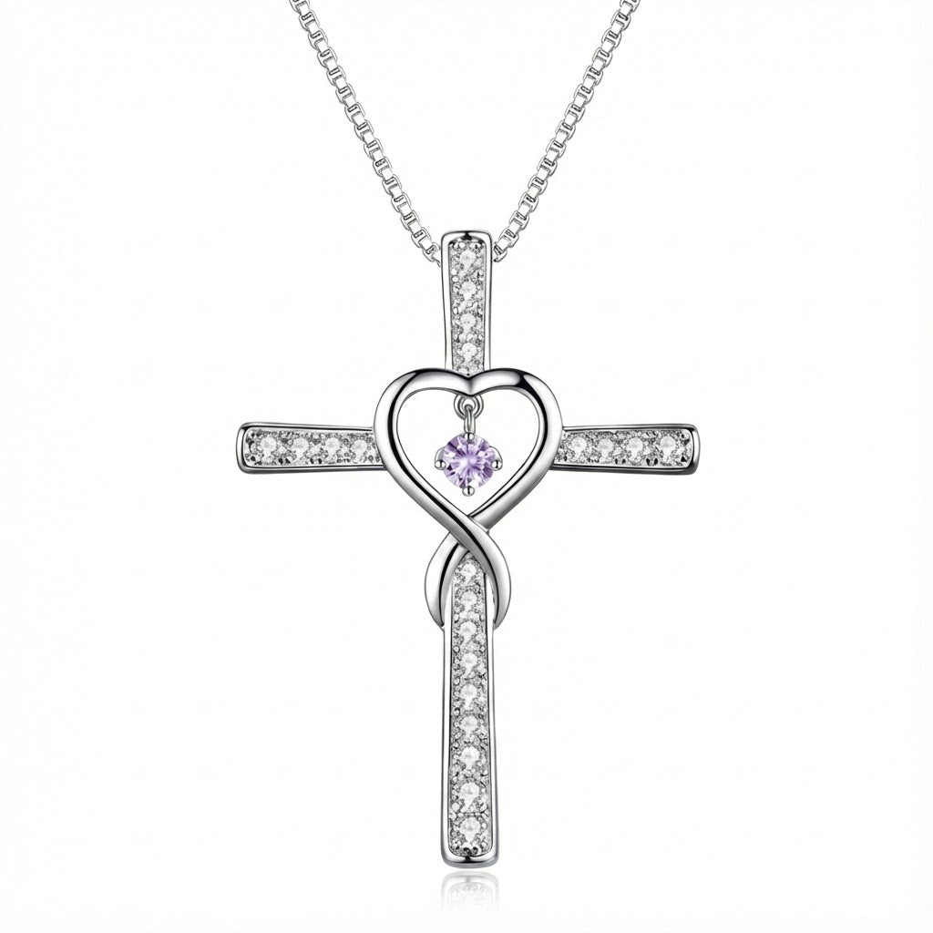 Collar cristiano  de Cruz con Corazón Infinito y Piedra de Nacimiento